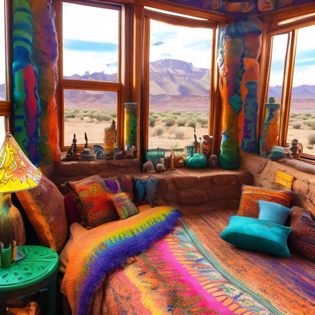 Prompt: utah inspired boho whimsigoth bedroom artist colorful books window room new mexico pueblo earthship