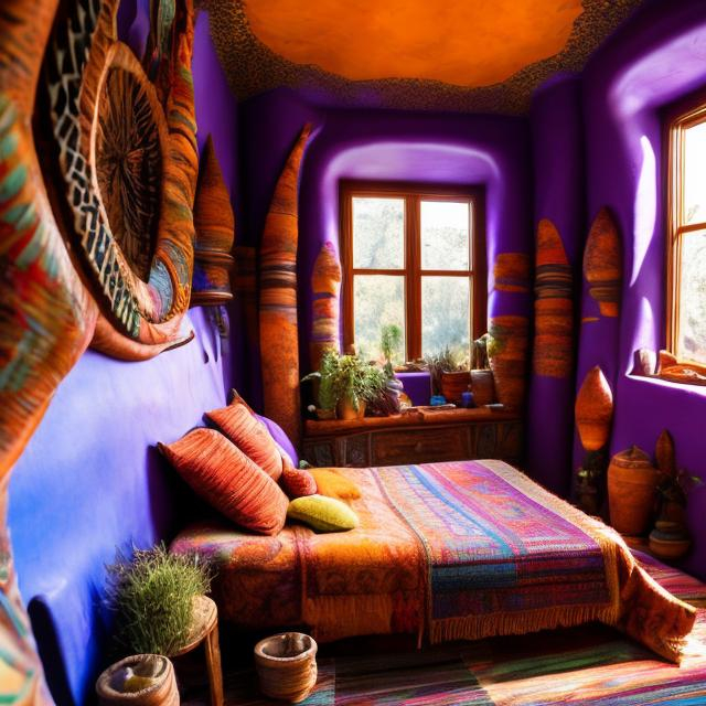 Prompt: utah inspired boho whimsigoth bedroom artist colorful books window room new mexico pueblo earthship purple pottery