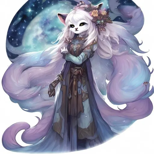 Prompt: night sky anthropomorphic cat celestial cute fox druid celtic female kitsune