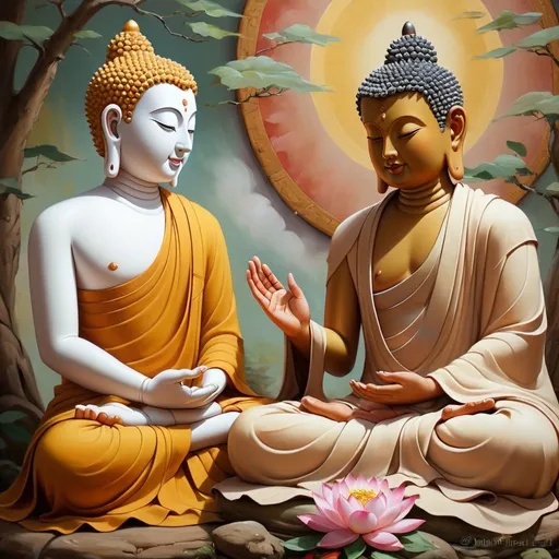 Prompt: Vimalakirti and Maitreya Buddha having a conversation, traditional Buddhist painting, peaceful and serene atmosphere, soft earthy tones, exquisite brushwork, detailed traditional clothing, calm and wise expressions, spiritual connection, high quality, traditional painting, peaceful, serene, earthy tones, detailed clothing, spiritual, traditional, calm expressions, wise, conversation