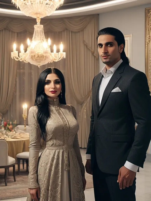 Prompt: a man and woman standing next to each other in a room with a chandelier and a table, Fathi Hassan, international gothic, vfx, a picture