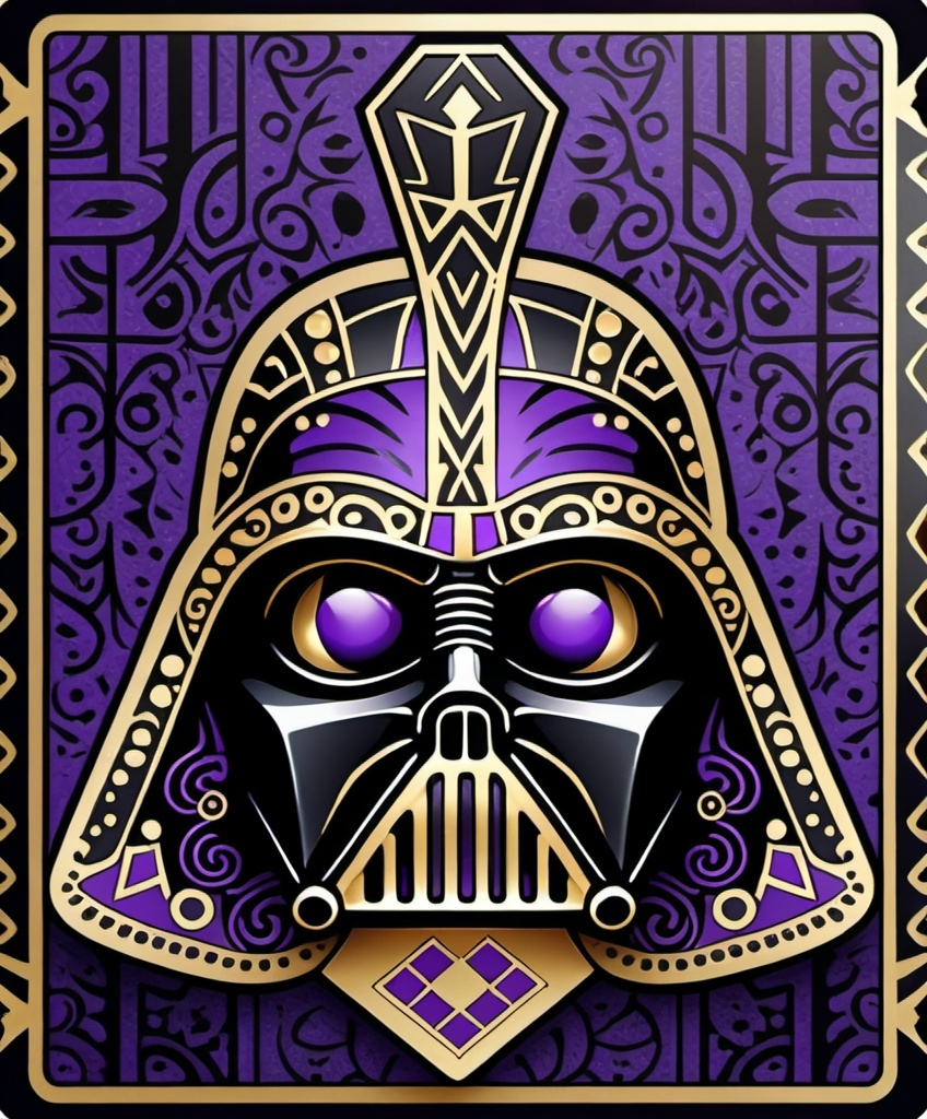 Prompt: (playing card back design), Tribe Vader logo, intricate patterns, rich purple and black colors, high contrast, geometric symmetry, lavish ornamentation, regal and mysterious atmosphere, ultra-detailed, 4K, ornate gold foil border, subtle texture, luminous highlights, vintage elegance, dark and luxurious background, glowing accents, symmetrical layout, mystical motifs, high-quality illustration, professional design, captivating and sophisticated