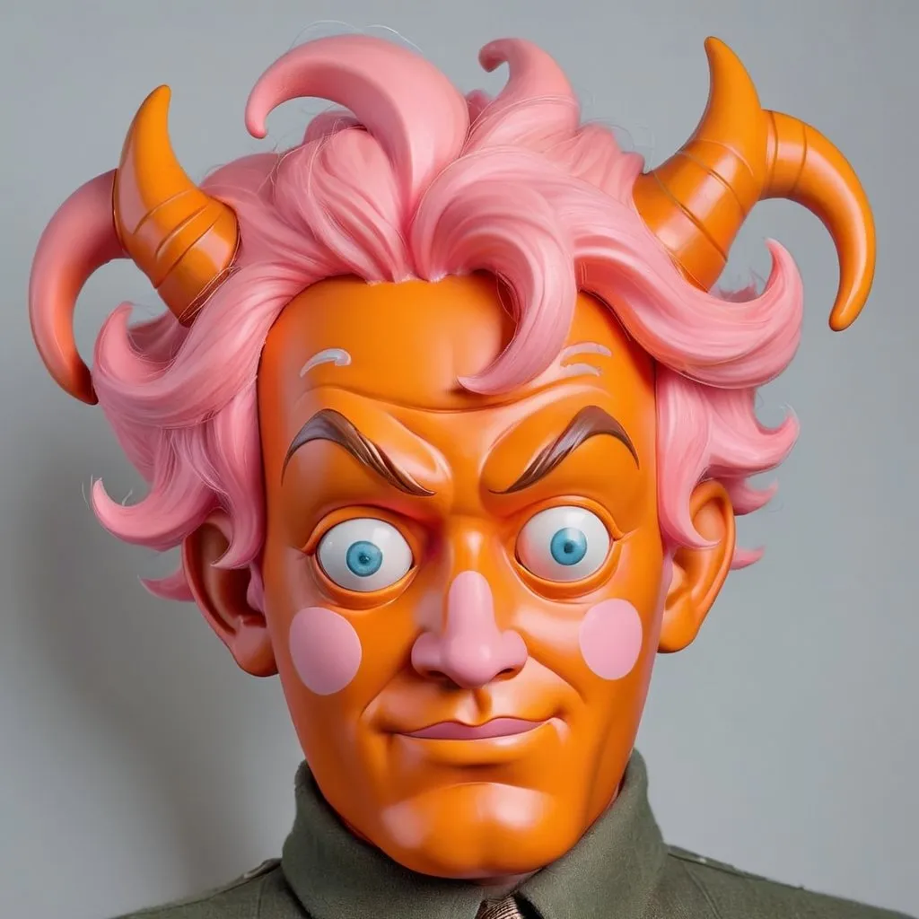 Prompt: Vintage orange man with moon eyes pink hair horns blind cloud
