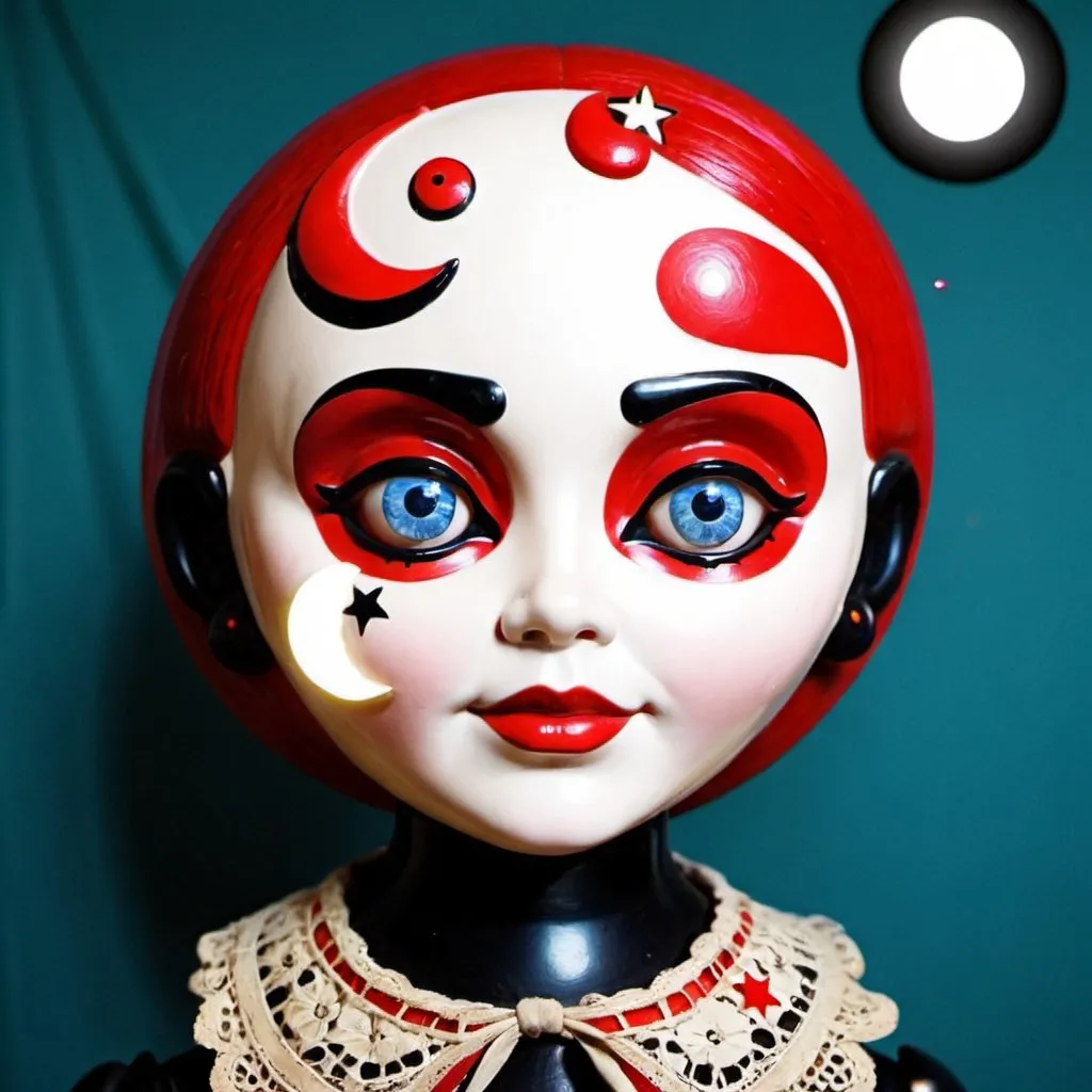 Prompt: Vintage character with moon face bright red skin star eyes
