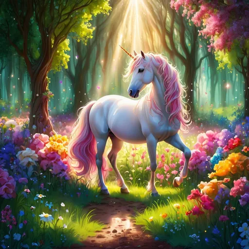 Prompt: art magical forest with beautiful unicorn grazing in the middle surrounded by flowers and trees little sunbeams
