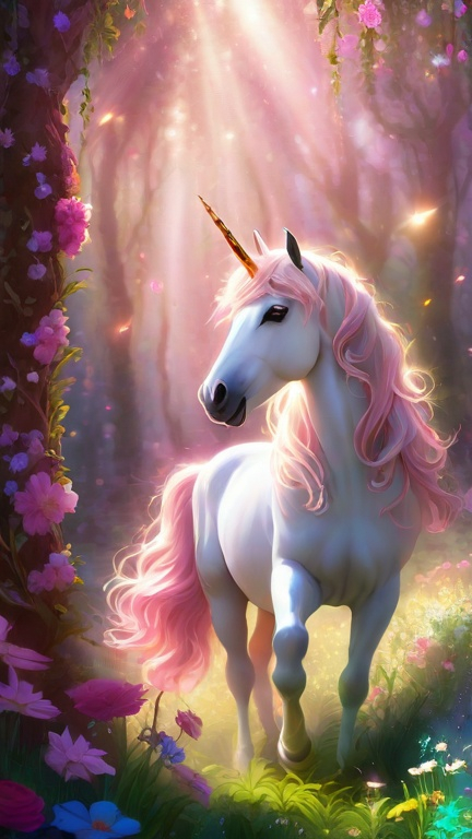 Prompt: art magical forest with beautiful unicorn, grazing in the middle surrounded by flowers and trees, little sunbeams