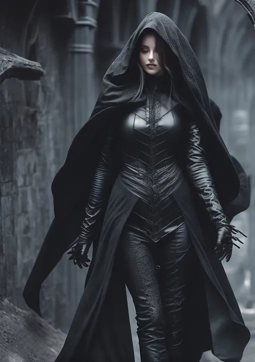 Prompt: knight, pitch black armor, female body, black flowing cloak