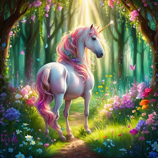 Prompt: art magical forest with beautiful unicorn grazing in the middle surrounded by flowers and trees little sunbeams