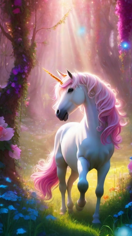 Prompt: art magical forest with beautiful unicorn, grazing in the middle surrounded by flowers and trees, little sunbeams