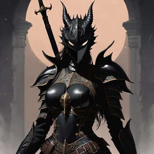 Prompt: portrait of knight pitch black armor dragon-style infused female breastplate holding sword in front of head no face