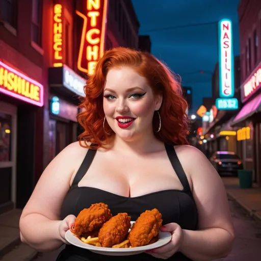 Prompt: Create a picture of a plus-size redhead woman in a secret agent costume eating Nashville Hot Chicken on a street with neon lights.