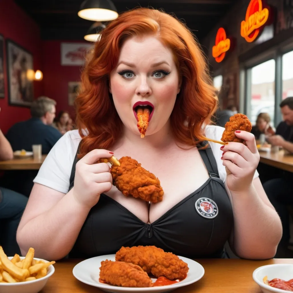 Prompt: Create a picture of a plus-size redhead woman in a spy costume eating Nashville Hot Chicken.