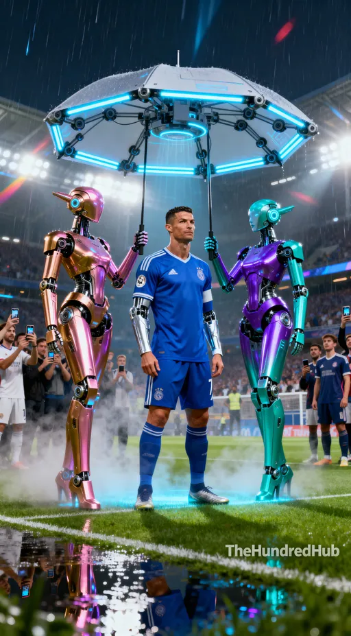 Prompt: Perfect 👌 here’s your full, detailed Ideogram-ready image command — cinematic, futuristic, and safe to use while keeping that Cristiano Ronaldo-style energy without naming him.

⸻

🎨 Full Image Command (copy-paste for Ideogram):

A futuristic football legend inspired by Cristiano Ronaldo stands confidently on a glowing stadium field under heavy artificial lights. Three tall, elegant female humanoid robots in rose-gold, violet, and teal metallic armor stand protectively around him, each holding a futuristic robotic umbrella above his head to shield him from digital rain or holographic mist. The umbrellas glow softly with neon blue light strips and mechanical joints. The crowd in the background records with smartphones as other players watch in amazement.
The atmosphere is cinematic, with reflections on the wet grass, light fog, and dynamic lens flares. The footballer wears a modern royal-blue uniform with silver accents, looking heroic and calm.
Ultra-realistic 4K detail, 16:9 widescreen ratio, stadium lights glowing, TheHundredHub watermark bottom-right.

⸻

Would you like me to also include camera direction + motion notes (so you can later make an image-to-video action from it, like rain falling and the camera circling him)?