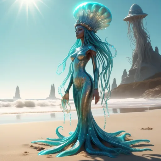 Prompt: 9:16 cinematic surreal scene on a sunny beach in daylight. A towering Alien Sea Goddess with shimmering turquoise scales and a glowing jellyfish-like crown stands tall. Around her, strange glowing hatchlings crawl in the sand — small alien-sea hybrids with bright fins and glowing textures. The sunlight reflects off the waves, creating sparkle on the sand. In the background, photographers with cameras are capturing the moment, as if it’s a press event. Bright, detailed, surreal viral AI art style.”