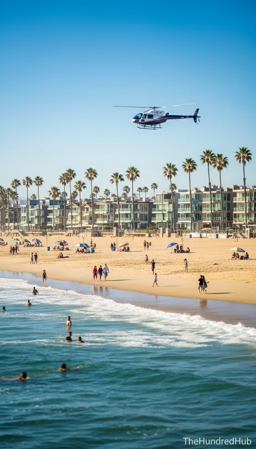 Prompt: A calm and sunny beach scene in California, filled with people relaxing, walking, and swimming in the ocean. The sky is clear and blue, with soft sunlight giving the sand a golden glow. Tall palm trees line the beach, swaying gently in the warm breeze. Modern seaside buildings stand in the background near the shore.
A helicopter flies calmly and steadily in the sky, facing toward the building area, as if it’s moving in that direction. The atmosphere is peaceful, with everyone enjoying the day — no panic or chaos.
Cinematic lighting, ultra-realistic textures, soft lens blur, 4K HDR, masterpiece quality.
Aspect ratio 16:9.
Add TheHundredHub watermark at the bottom-right corner.