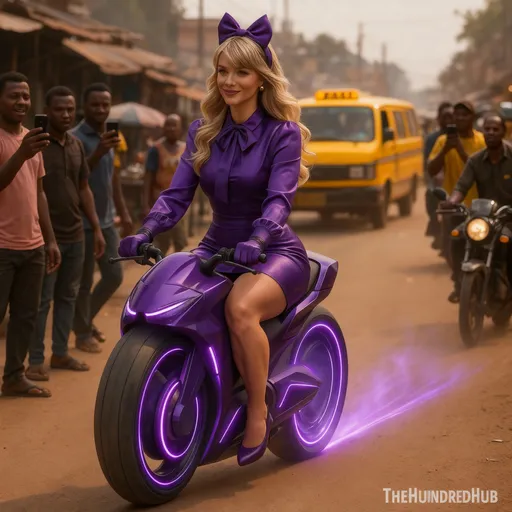 Prompt: This is a highly detailed, digitally rendered photograph-style image featuring a blonde woman riding a futuristic, neon-purple motorcycle on a dusty, urban street. The woman has long, wavy blonde hair and is wearing a form-fitting, long-sleeved purple dress with a high neckline and a large bow on her head. She also wears matching purple gloves and high heels. Her expression is confident and she is smiling. The motorcycle is sleek with glowing purple neon lights along the sides and front, and it emits a faint purple light trail behind it. In the background, there are several onlookers, mostly men, who are standing and looking at the woman with a mixture of admiration and curiosity. They are dressed in casual clothing, including t-shirts and jeans. A yellow taxi is visible further down the street, and there are various buildings and street signs in the background. The street is dusty, and the overall atmosphere suggests a bustling, yet slightly worn urban environment. The image has a soft, warm color palette, with the purple of the motorcycle and the woman's outfit standing out vividly against the more muted, earthy tones of the street and background. The watermark "THEHUNDRDHUB" is located in the bottom right corner.