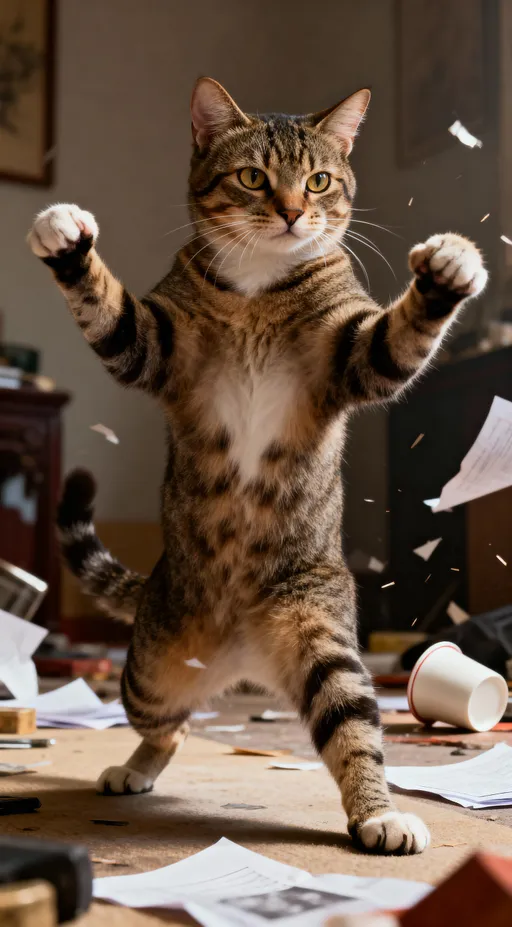 Prompt: “Ultra-realistic funny cat standing upright on two legs in a dramatic kung fu fighting stance, paws raised like martial arts strikes, intense focused eyes, mid-action pose as if ready to fight. Background indoors with scattered objects like a knocked-over cup and papers, giving a chaotic funny atmosphere. Cinematic lighting, highly detailed, 16:9, 4K HD, comedy vibe.”