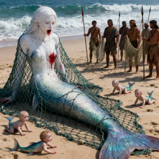 Prompt: Cinematic fantasy artwork of a giant mermaid mother with pale white skin and a fish-like tail, trapped in a large fishing net on the sandy beach. Her mouth and side are bleeding slightly, red blood contrasting against her pale skin. Around her are several small baby mermaids with human-like upper bodies and fish tails, crawling on the sand near her, looking distressed. A group of fishermen surrounds them with spears and nets, standing cautiously on the beach. Ocean waves in the background, dramatic and surreal atmosphere, ultra-detailed, 8K cinematic fantasy art.”