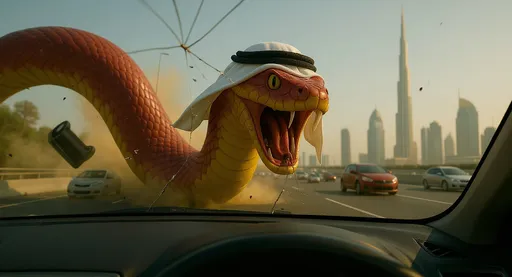 Prompt: This is a highly detailed, digital CGI artwork depicting a surreal and dramatic scene. The central focus is a large, red and yellow snake with a menacing expression, its mouth wide open, revealing sharp fangs and a forked tongue. The snake is emerging through the windshield of a car, which is seen from the driver's perspective. The windshield is shattered, with cracks spreading outward from the point of impact.

The snake's head is adorned with a white and black headscarf, adding a humorous and unexpected element to its fearsome appearance. Dust and debris are flying around, indicating a chaotic and violent entry. In the background, there is a bustling urban highway with several cars, including a silver sedan and a red car, driving in various lanes. The highway is lined with tall, modern skyscrapers, including a prominent, slender tower that resembles the Burj Khalifa, suggesting the setting is a city in the Middle East.

The sky is clear with a warm, golden hue, typical of late afternoon sunlight. The interior of the car is visible, showing a dark dashboard and steering wheel, adding to the sense of realism and immediacy in the scene.