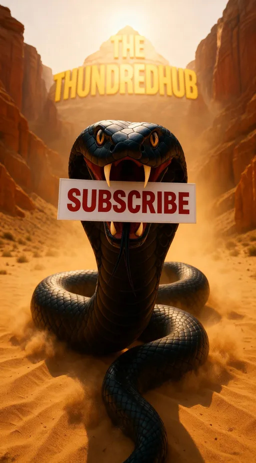 Prompt: This is a digitally created, hyper-realistic CGI image featuring a menacing black cobra in the foreground, positioned in a desert landscape. The cobra's mouth is wide open, revealing sharp, white fangs and a red tongue, and it is coiled on the sandy ground with its head prominently facing forward. The cobra's scales are detailed and glossy, reflecting the sunlight. A white rectangular sign with bold, red, capitalized text "SUBSCRIBE" is placed horizontally across the cobra's mouth, obscuring its fangs. 

In the background, towering, reddish-brown rock formations rise on either side, framing a distant, sunlit peak. The sky is clear, with the sun positioned just above the peak, casting a warm, golden light over the entire scene. At the top center of the image, partially obscured by the cobra's head, is a large, bold, yellow text reading "THE THUNDERHUB." The sand beneath the cobra is textured, with small ripples and dust particles visible, adding to the realism of the scene. The overall composition combines elements of danger and allure, with the cobra's intimidating presence contrasting with the inviting desert landscape.