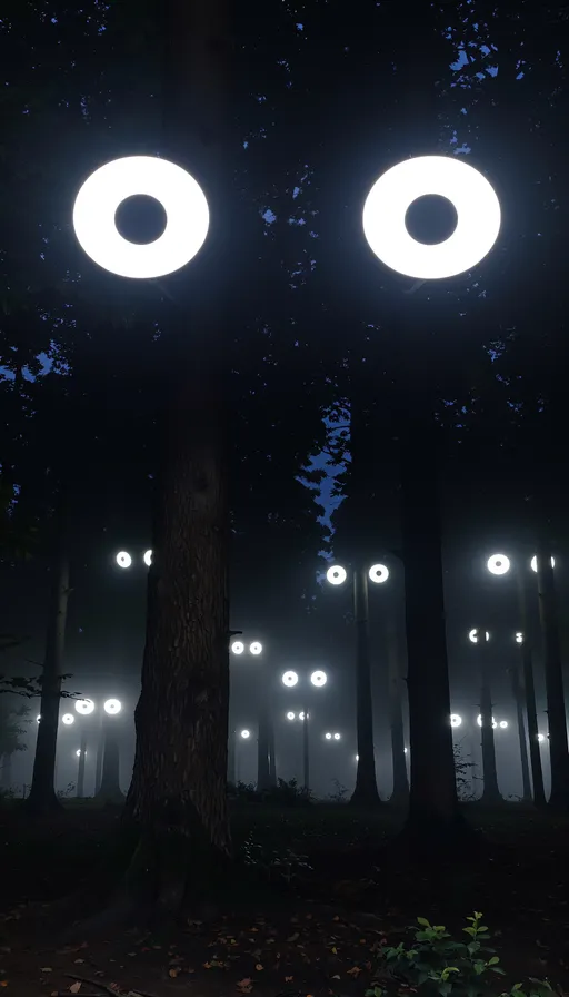 Prompt: Extreme close-up view inside a pitch-black forest at night. Large hollow glowing white eyes dominate the frame, very close to the camera, filling most of the image. Smaller glowing eyes fade into the background between dark tree trunks. No visible bodies, only eyes emerging from deep shadows. Heavy fog and mist drifting across the scene. The eyes have a strong eerie glow with soft bloom, sharp focus on the front eyes, background slightly blurred for depth. Center of the image feels like a dark void surrounded by staring eyes. High contrast, deep blacks, cinematic horror lighting. Hyper-realistic, unsettling, supernatural forest atmosphere. Viewer feels watched and trapped.
Aspect ratio 16:9, ultra-wide, cinematic thumbnail composition, 4K, ultra detailed, dramatic lighting.