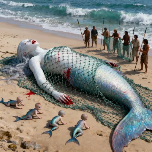 Prompt: Cinematic fantasy artwork of a giant mermaid mother with pale white skin and a fish-like tail, trapped in a large fishing net on the sandy beach. Her mouth and side are bleeding slightly, red blood contrasting against her pale skin. Around her are several small baby mermaids with human-like upper bodies and fish tails, crawling on the sand near her, looking distressed. A group of fishermen surrounds them with spears and nets, standing cautiously on the beach. Ocean waves in the background, dramatic and surreal atmosphere, ultra-detailed, 8K cinematic fantasy art.”