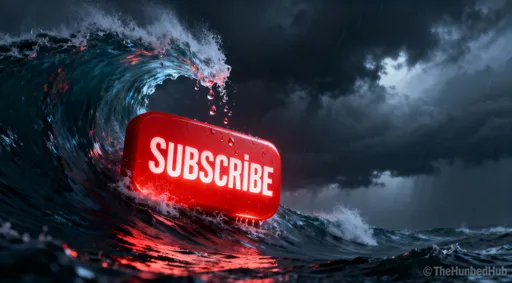 Prompt: Cinematic digital art of a giant ocean wave forming into the shape of a glowing red YouTube Subscribe button, water droplets shimmering as the wave curls. The button text ‘SUBSCRIBE’ is bold and clear, illuminated against the dark stormy sea, dramatic lighting, powerful and eye-catching, ultra-detailed, 16:9, 4K HD, TheHundredHub watermark bottom-right.