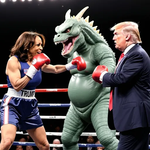 Prompt: Kamala harris and donald trump in a boxing match with the referee being a godzilla cat