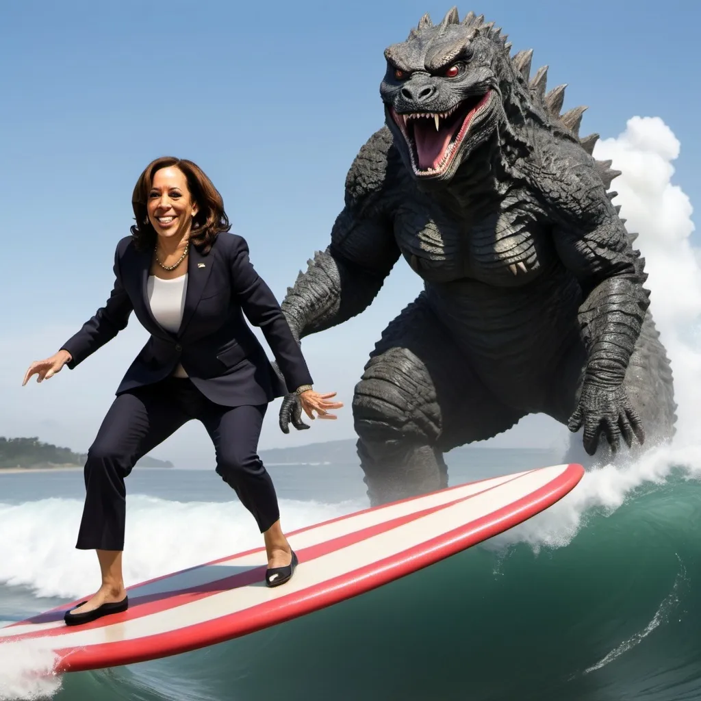 Prompt: Kamala Harris and Donald Trump surfing away from a godzilla sized cat