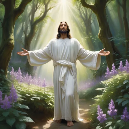 Prompt: Depict a serene and divine figure resembling Jesus Christ standing in a lush, ethereal forest with soft light filtering through the trees. The figure is dressed in flowing white robes, arms gently outstretched in a welcoming and peaceful gesture. The surrounding environment is tranquil, with a mystical atmosphere created by delicate purple flowers and soft greenery underfoot, emphasizing serenity and spirituality.