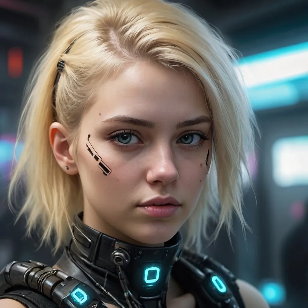 Prompt: 1 girl, blond, beautiful face, cyberpunk, blurry, photorealistic, portrait, realistic, solo, futurist, fantasy