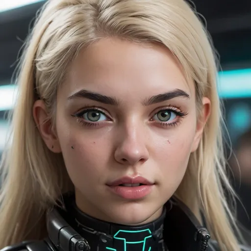 Prompt: 1 girl, blond, beautiful face, cyberpunk, blurry, depth of field, eyebrows, eyelashes, lips, long hair, looking at viewer, makeup, mole, nose, photorealistic, portrait, realistic, solo, teeth, ambient futurist
