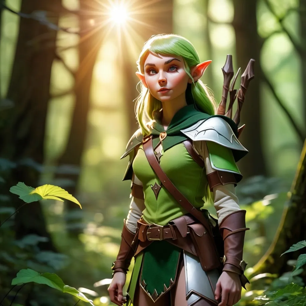 Prompt: Elf ranger in a mystical forest around sunlight