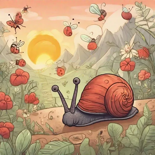 Prompt: A cute snail going on a adventure with many ladybugs and ants and a sunrise