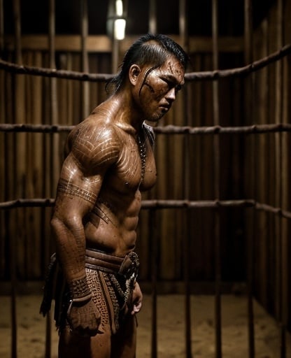 Prompt: Hawaiian warrior in ancient cage fight, traditional materials, rugged and intense, high quality, realistic, dark and gritty, earthy tones, dramatic lighting, detailed body art, intense stare, ancient setting, hand-crafted, traditional, action-packed