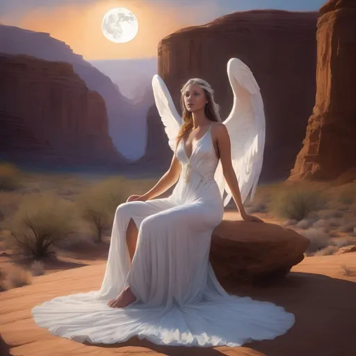 Prompt: A realistic depiction of an angelic figure, the divine feminine, sitting on a stone throne in a glowing white gown with a moon-like glow in a Utah-like desert canyon. The scene exudes a spiritual and beautiful aura, capturing the essence of true divinity and glowing light.