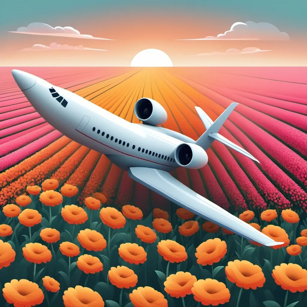 Prompt: Create me an image with a must be at least 4 MP and vector previews at least 15 MP about an airplane with a flower fields