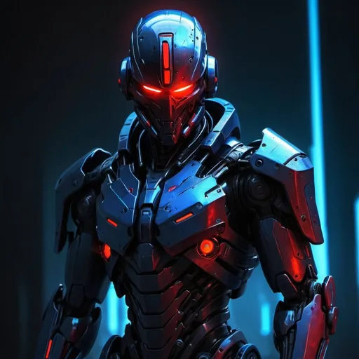 Prompt: Shadow android soldier, digital painting, futuristic cybernetic enhancements, high-tech weaponry, dark and ominous atmosphere, intense red and blue lighting, metallic sheen, sleek and menacing design, detailed armor, highres, ultra-detailed, digital painting, cyberpunk, intense lighting, futuristic weaponry