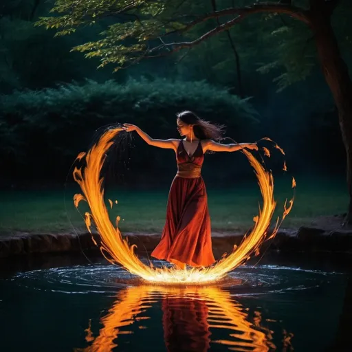 Prompt: dancing with shadows water singing fire dancing wind whispers electromagnetic

