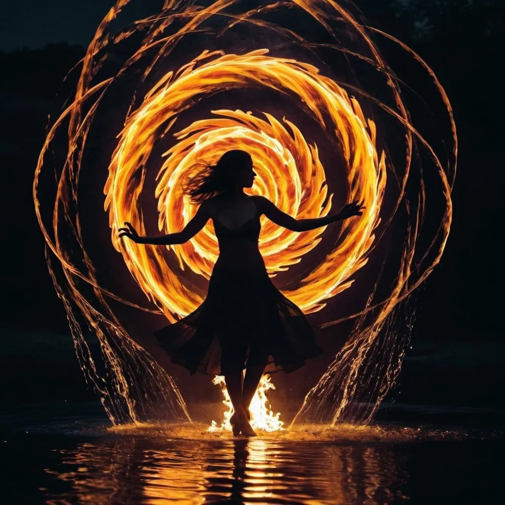 Prompt: dancing with shadows water singing fire dancing wind whispers electromagnetic

