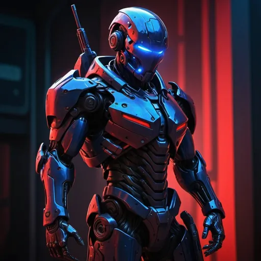 Prompt: Shadow android soldier, digital painting, futuristic cybernetic enhancements, high-tech weaponry, dark and ominous atmosphere, intense red and blue lighting, metallic sheen, sleek and menacing design, detailed armor, highres, ultra-detailed, digital painting, cyberpunk, intense lighting, futuristic weaponry