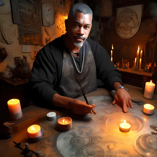 Prompt: A middle aged (little Grey in his hair short goatee, but very handsome African American looking alchemistwith a short haircut and short goatee in front of his work table, with only the light from his candles to light his face, on the table you can see, a quija board, Surrounded by a yin-Yang, a scale, a scale model of our solar system, an ankh amulet, and a Marijuana cigarette. The alchemists face shows deep contemplation, while a pair of glowing red eyes peeks over his shoulder. Anime style