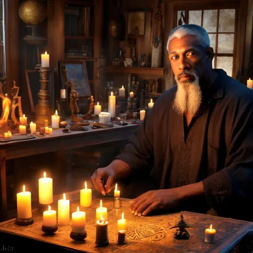 Prompt: A middle aged but handsome African American looking alchemistwith a short haircut and short goatee  in front of his work table, with only the light from his candles to light his face, on the table you can see, a large, very old looking book, Surrounded by a yin-Yang, a scale, a scale model of our solar system, an ankh amulet, and a Marijuana cigarette. The alchemists face shows deep contemplation, while a pair of glowing red eyes peeks over his shoulder.