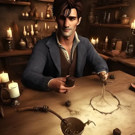 Prompt: Make him more handsome and add a cauldron with some potions.