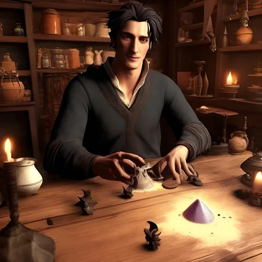 Prompt: Make him more handsome and add a cauldron with some potions.