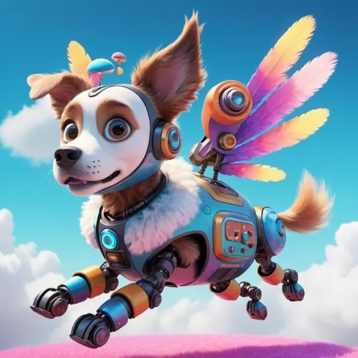 Prompt: IMAX movie scene of Cakey, the flying robot dog, 3D rendering, magical floating islands in the sky, vibrant and whimsical color palette, detailed fur with ethereal glow, joyful and adventurous expression, high-fidelity, whimsical, fantasy, vibrant colors, detailed fur, professional, atmospheric lighting