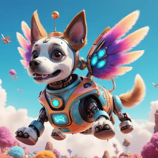 Prompt: IMAX movie scene of Cakey, the flying robot dog, 3D rendering, magical floating islands in the sky, vibrant and whimsical color palette, detailed fur with ethereal glow, joyful and adventurous expression, high-fidelity, whimsical, fantasy, vibrant colors, detailed fur, professional, atmospheric lighting