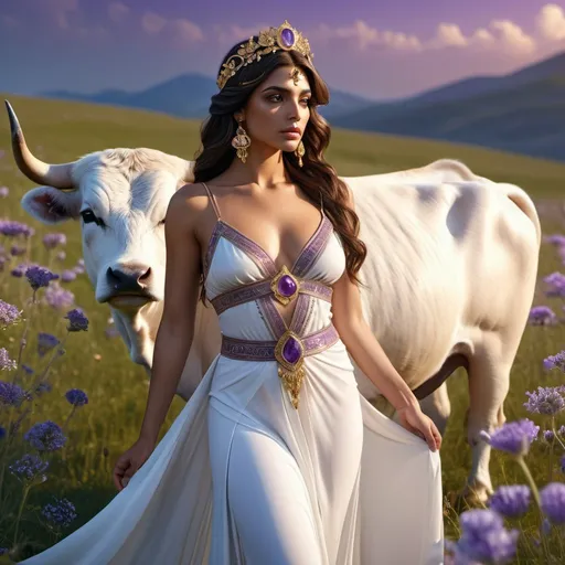 Prompt: HD 4k 3D, 8k, hyper realistic, professional modeling, ethereal Greek Goddess Persian Prince, brunette hair, brown skin, gorgeous glowing face, flowing embroidered gown, purple gemstone jewelry and headband, standing next to a white bull in a field of wildflowers, surrounded by ambient divinity glow, detailed, elegant, mythical, surreal dramatic lighting, majestic, goddesslike aura