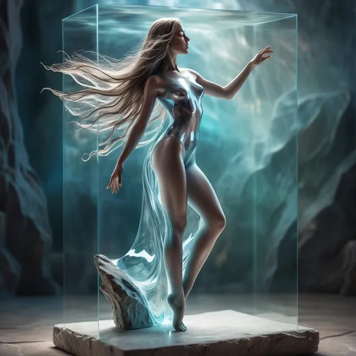 Prompt: (artistic model), beautiful stone and glass female figure, long flowing hair, (transparent) invisible leotard, striking pose on glass base, soft lighting illuminating the scene, (ethereal atmosphere), high detail, enchanting reflection effects, serene background, cool color tones, captivating composition, ultra-detailed, dreamy ambiance, an exquisite blend of aesthetics