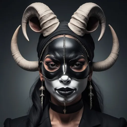 Prompt: A demonic female looking with a mask that covers her eyes with a pointy nose like Michael Jackson and a turban on her head with horns that are long and are almost like a pony tail 